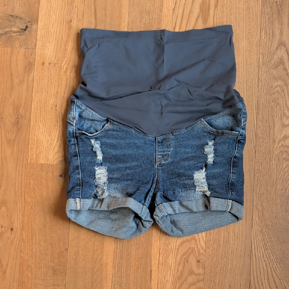 Maternity Denim Roll-Cuff Shorts in Dark Blue with Gray Waistband